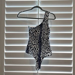 Black white and purple leopard print Le Lis one shoulder bodysuit